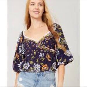 Free People Mirabella Floral A-Line Top Dark Navy Blue Sz M